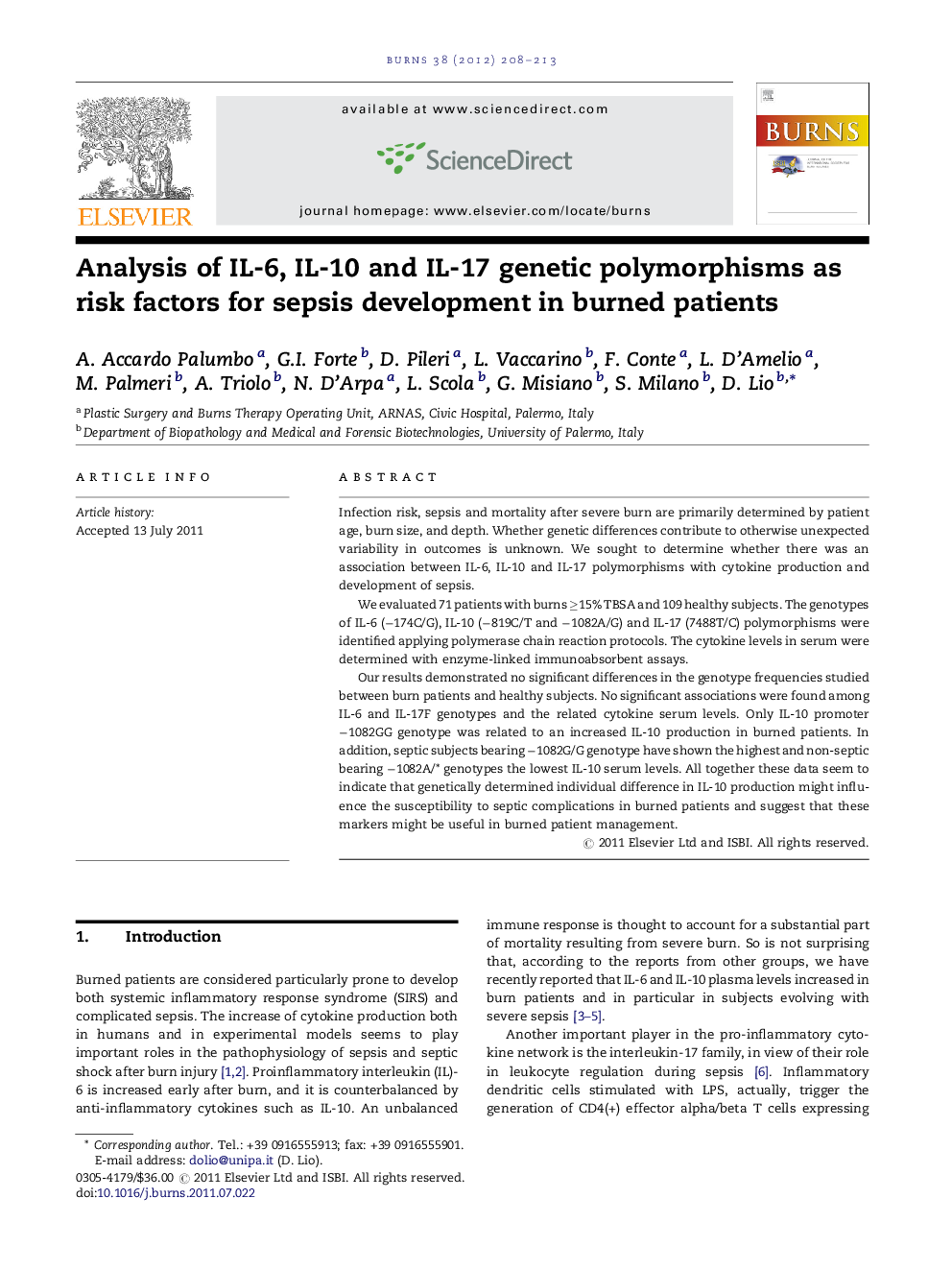 Analysis of IL-6, IL-10 and IL-17 genetic polymorphisms as risk factors for sepsis development in burned patients