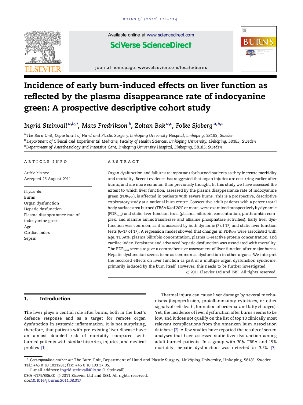 Incidence of early burn-induced effects on liver function as reflected by the plasma disappearance rate of indocyanine green: A prospective descriptive cohort study