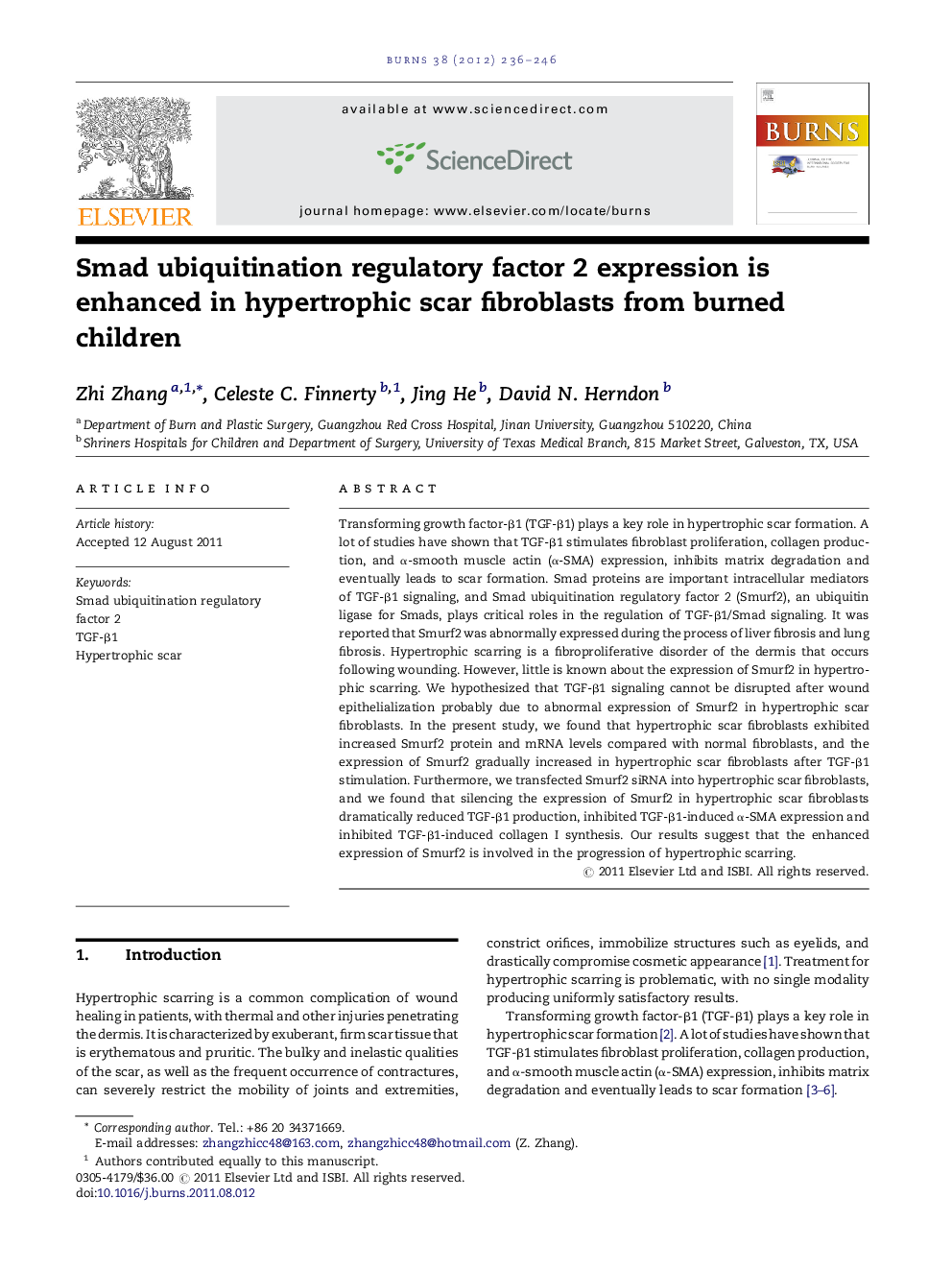 Smad ubiquitination regulatory factor 2 expression is enhanced in hypertrophic scar fibroblasts from burned children