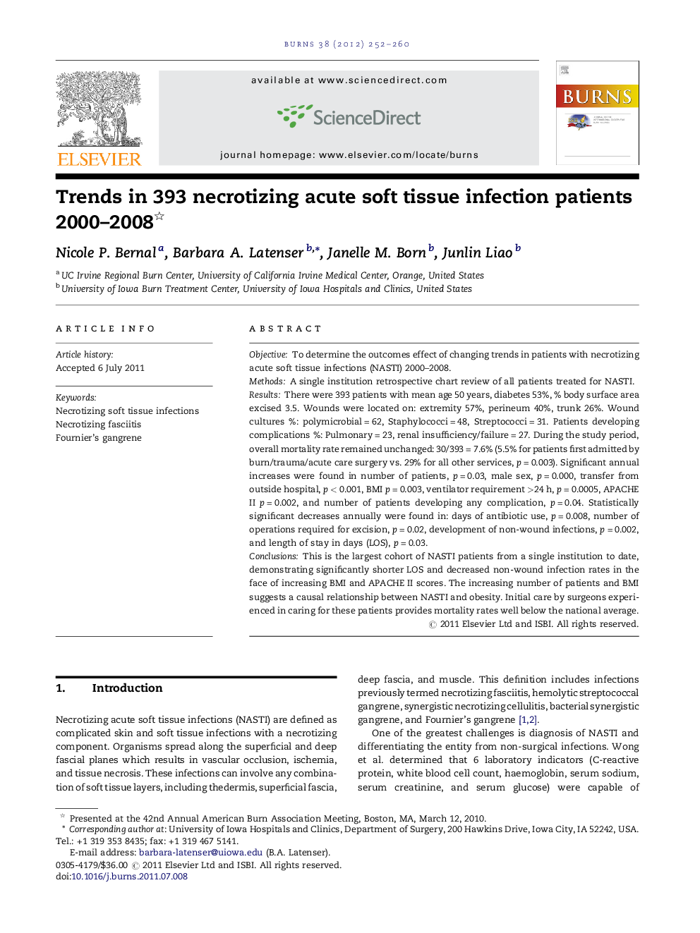 Trends in 393 necrotizing acute soft tissue infection patients 2000–2008 