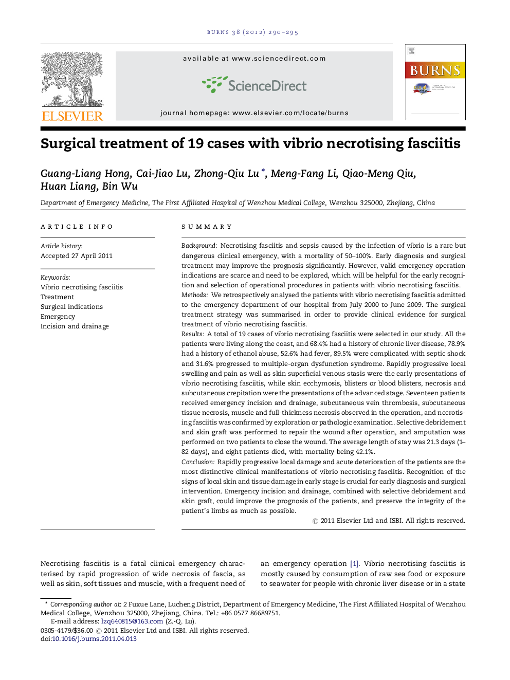 Surgical treatment of 19 cases with vibrio necrotising fasciitis