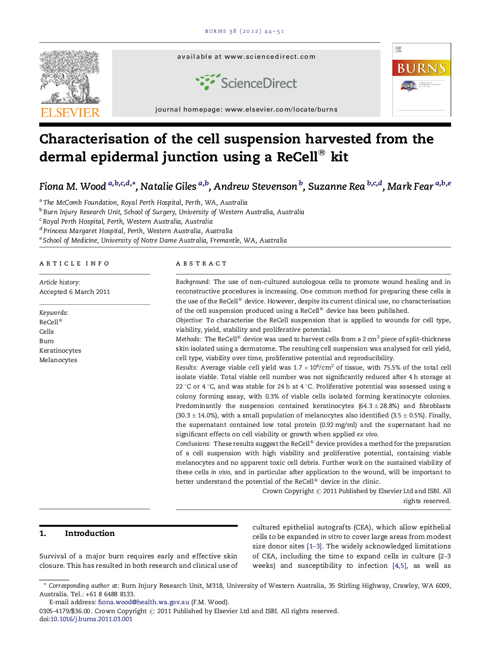 Characterisation of the cell suspension harvested from the dermal epidermal junction using a ReCell® kit