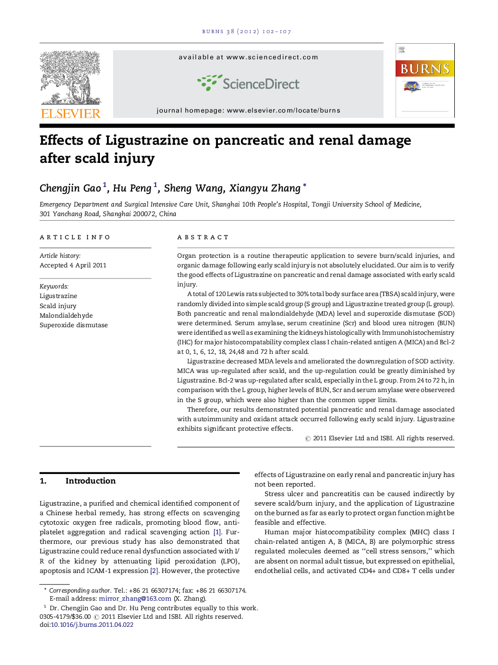 Effects of Ligustrazine on pancreatic and renal damage after scald injury