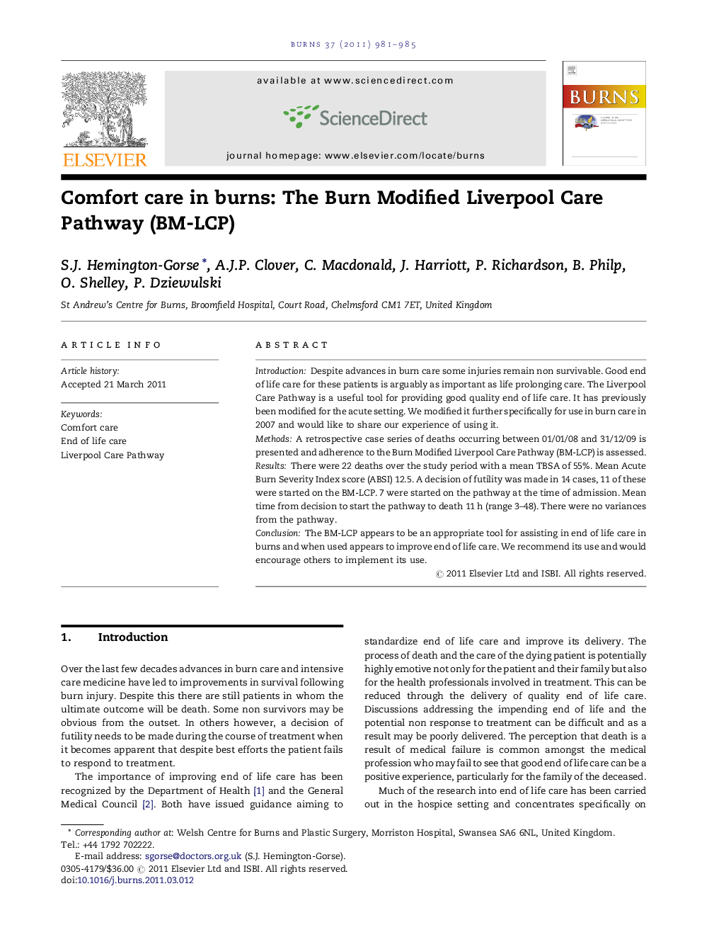 Comfort care in burns: The Burn Modified Liverpool Care Pathway (BM-LCP)