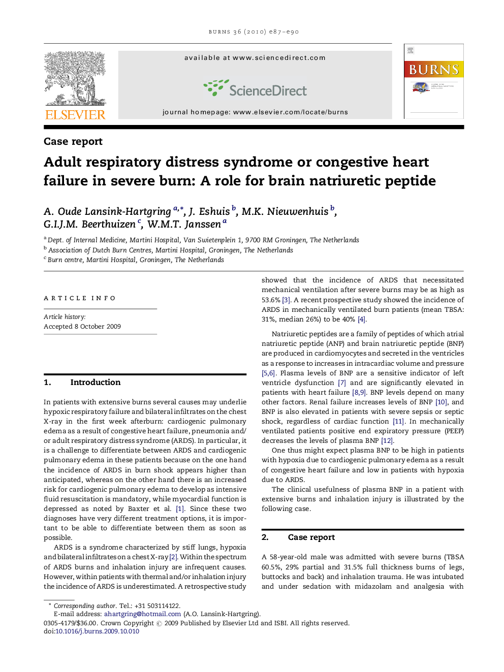 Adult respiratory distress syndrome or congestive heart failure in severe burn: A role for brain natriuretic peptide