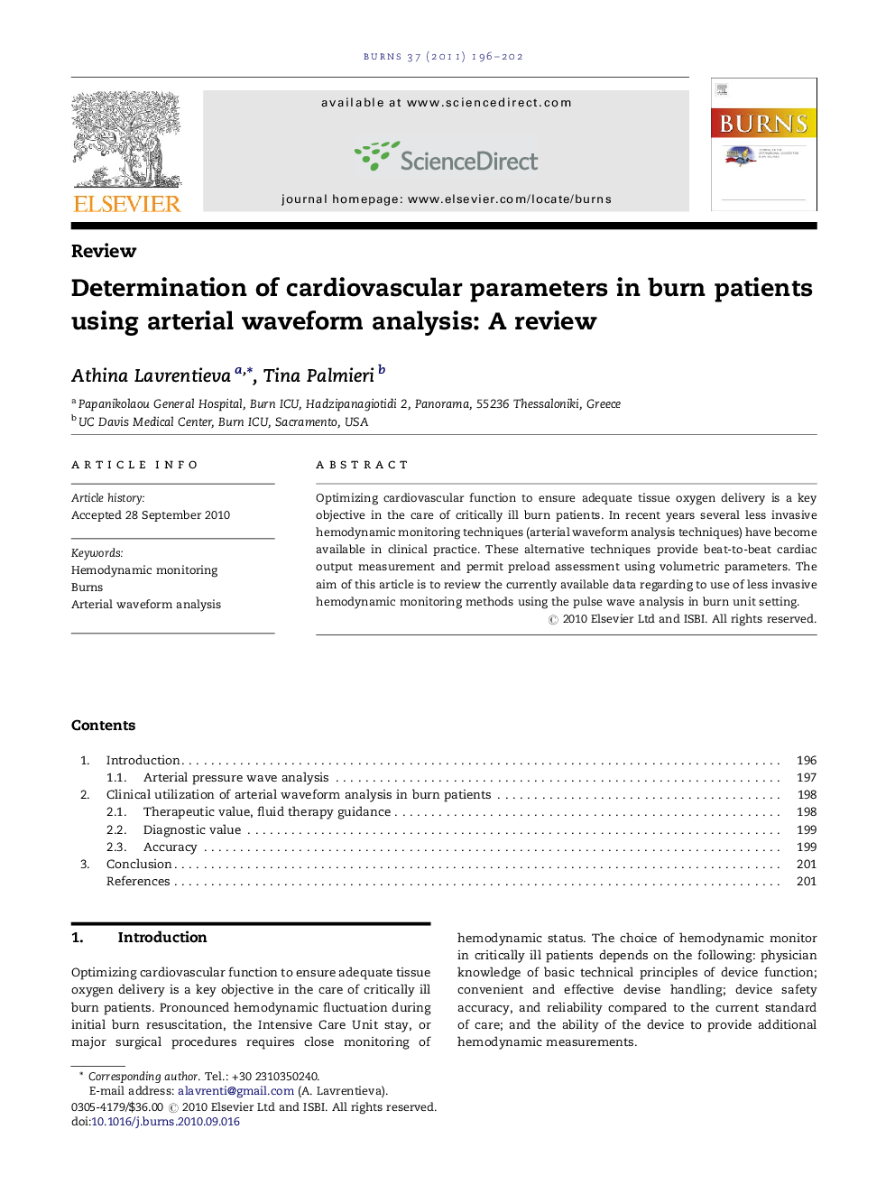 Determination of cardiovascular parameters in burn patients using arterial waveform analysis: A review