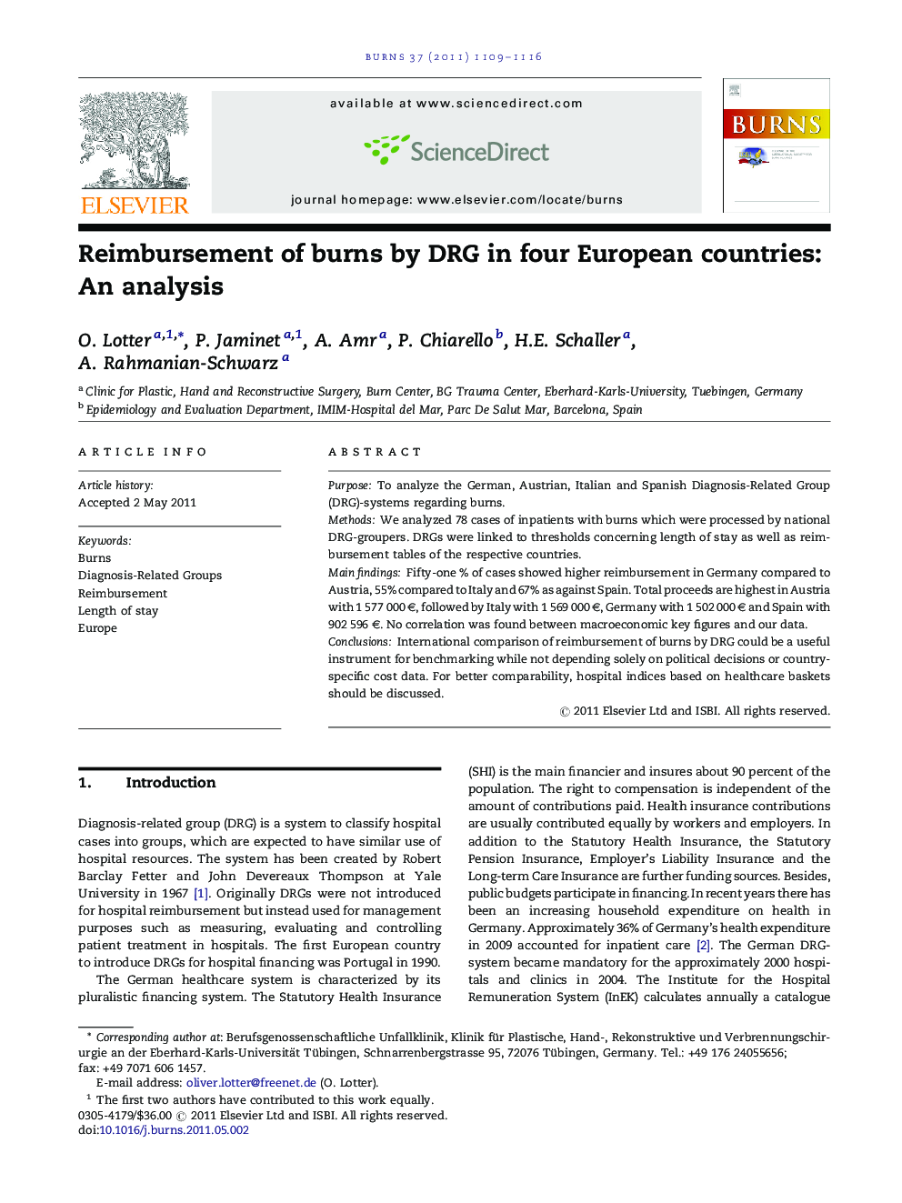 Reimbursement of burns by DRG in four European countries: An analysis