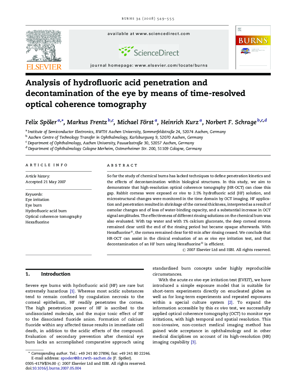 Analysis of hydrofluoric acid penetration and decontamination of the eye by means of time-resolved optical coherence tomography