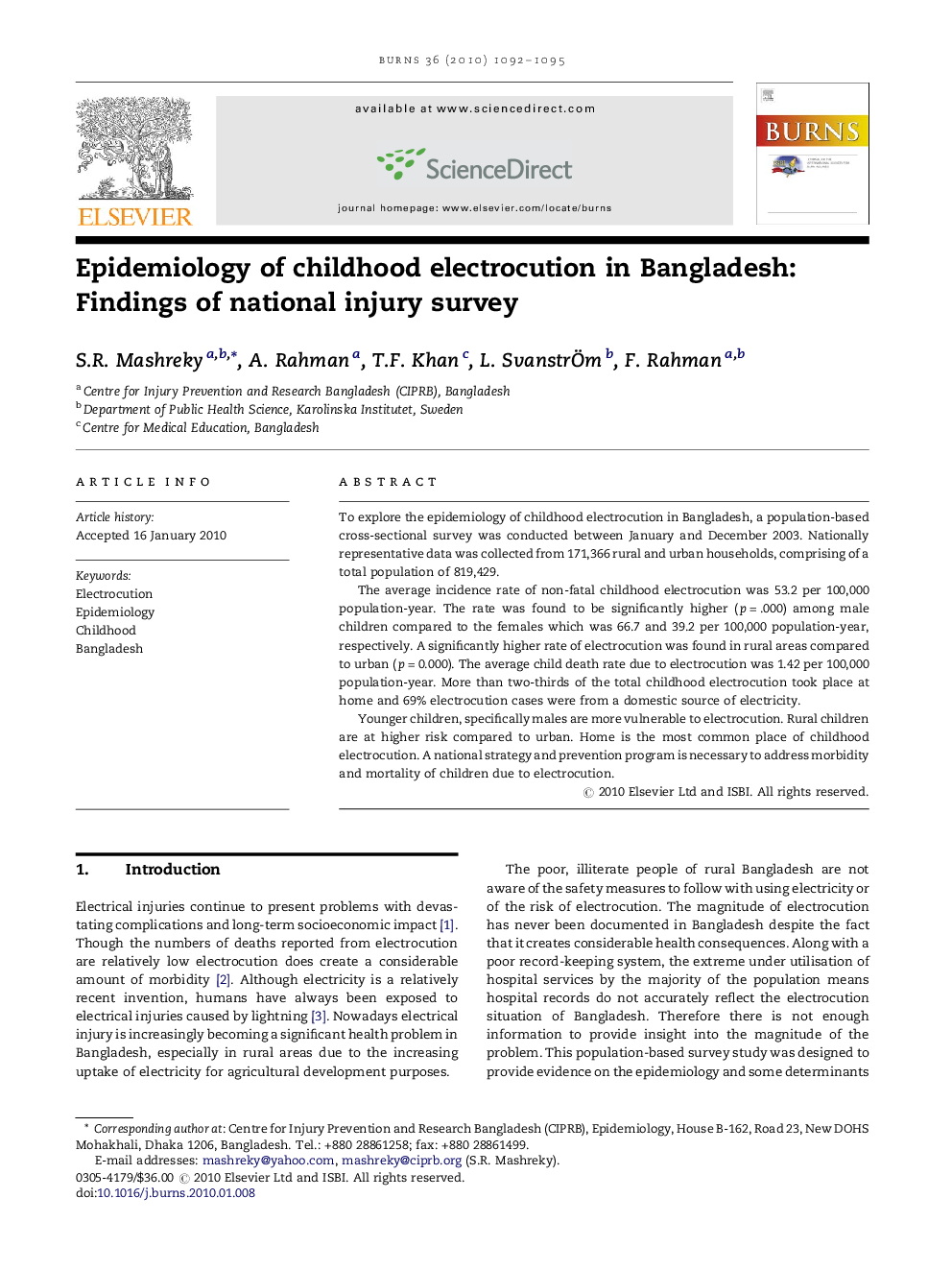 Epidemiology of childhood electrocution in Bangladesh: Findings of national injury survey