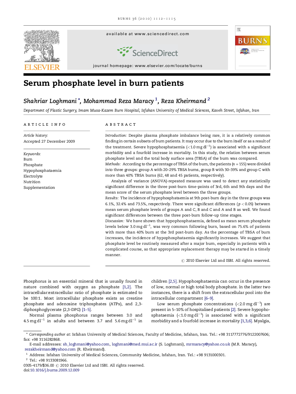 Serum phosphate level in burn patients