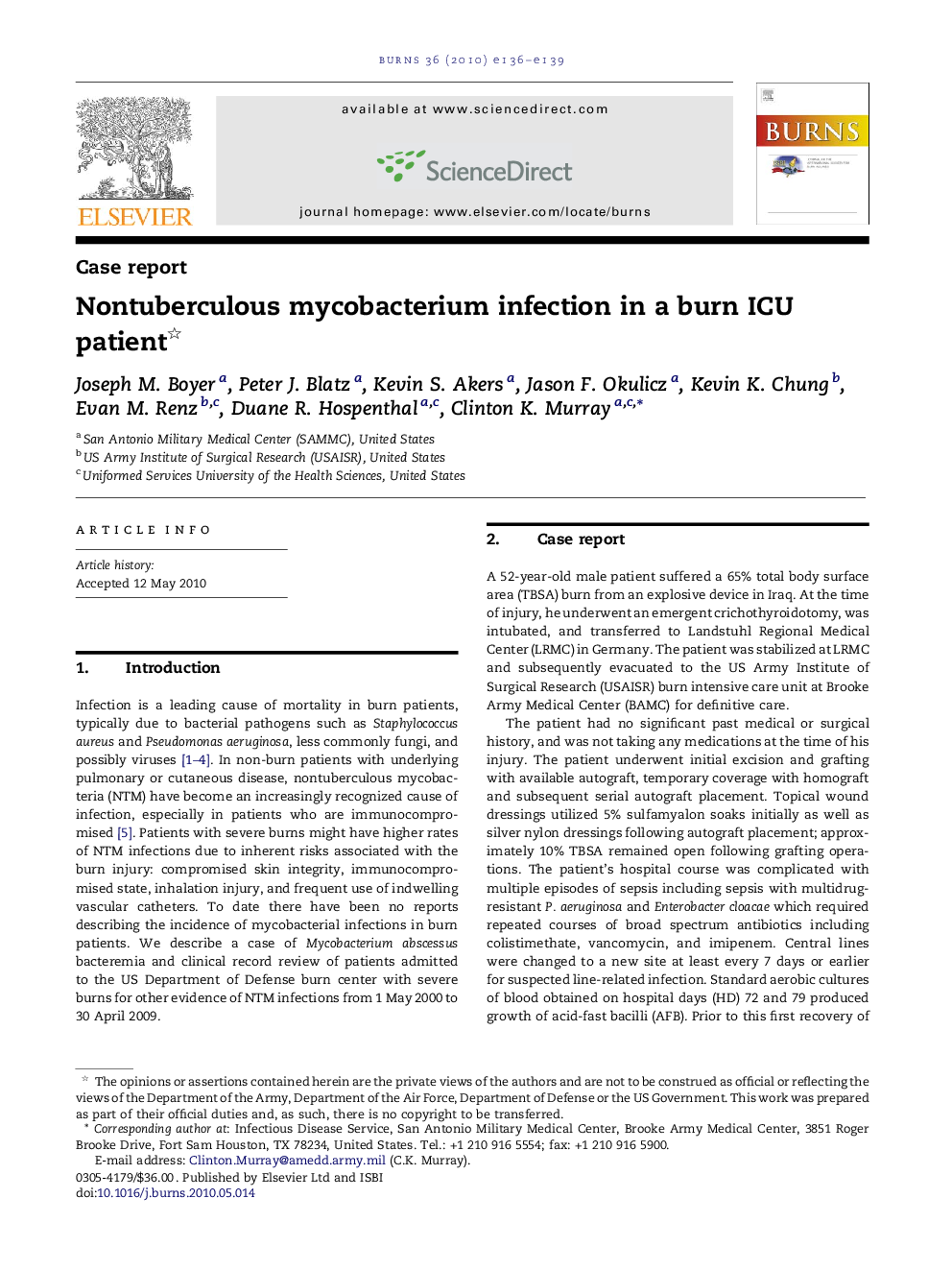 Nontuberculous mycobacterium infection in a burn ICU patient