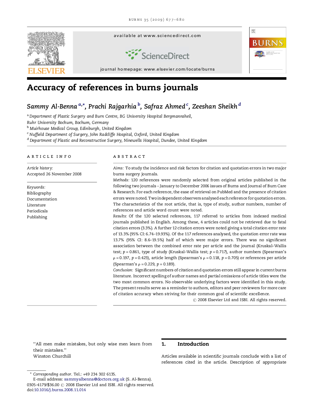 Accuracy of references in burns journals