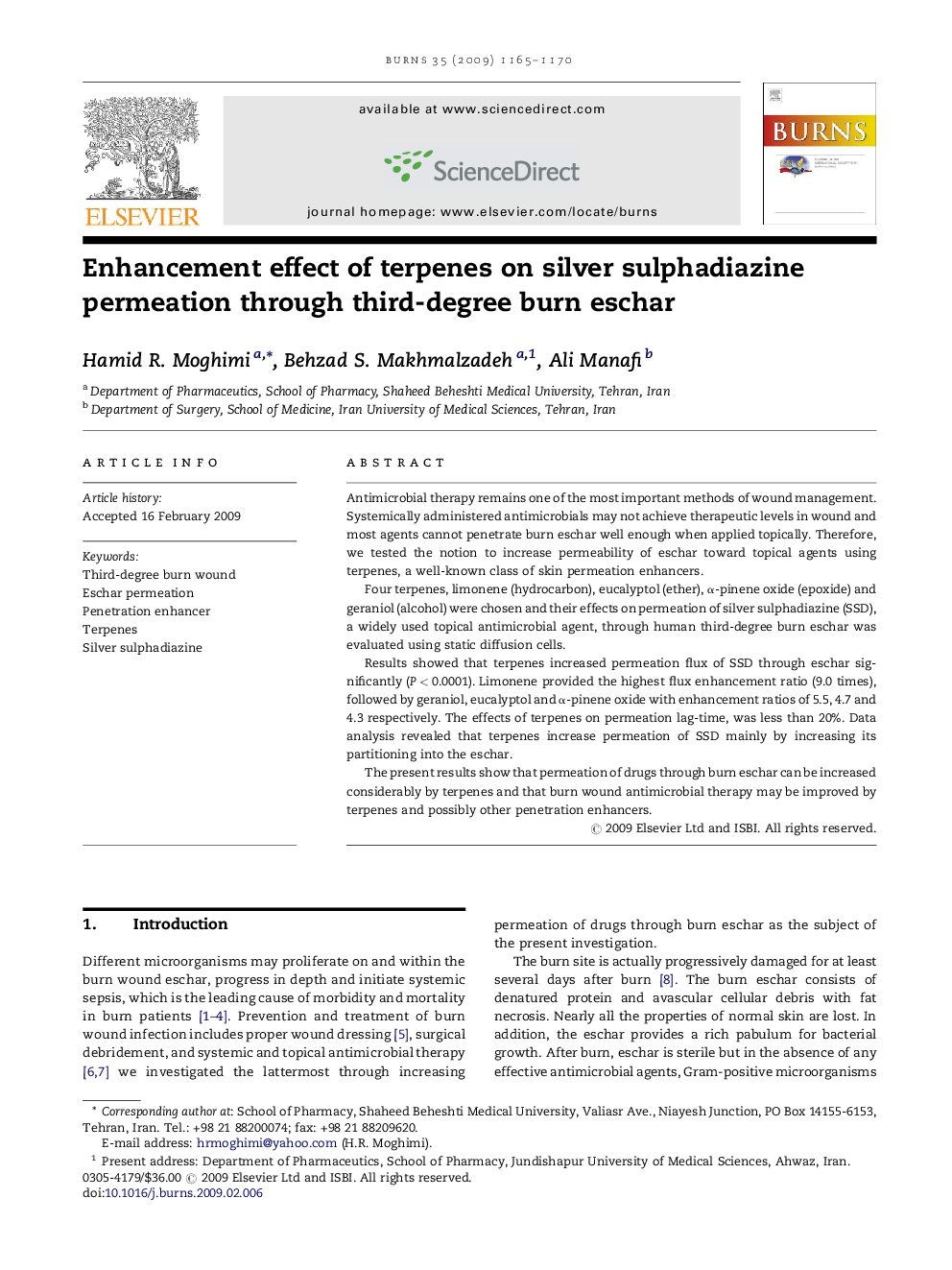 Enhancement effect of terpenes on silver sulphadiazine permeation through third-degree burn eschar