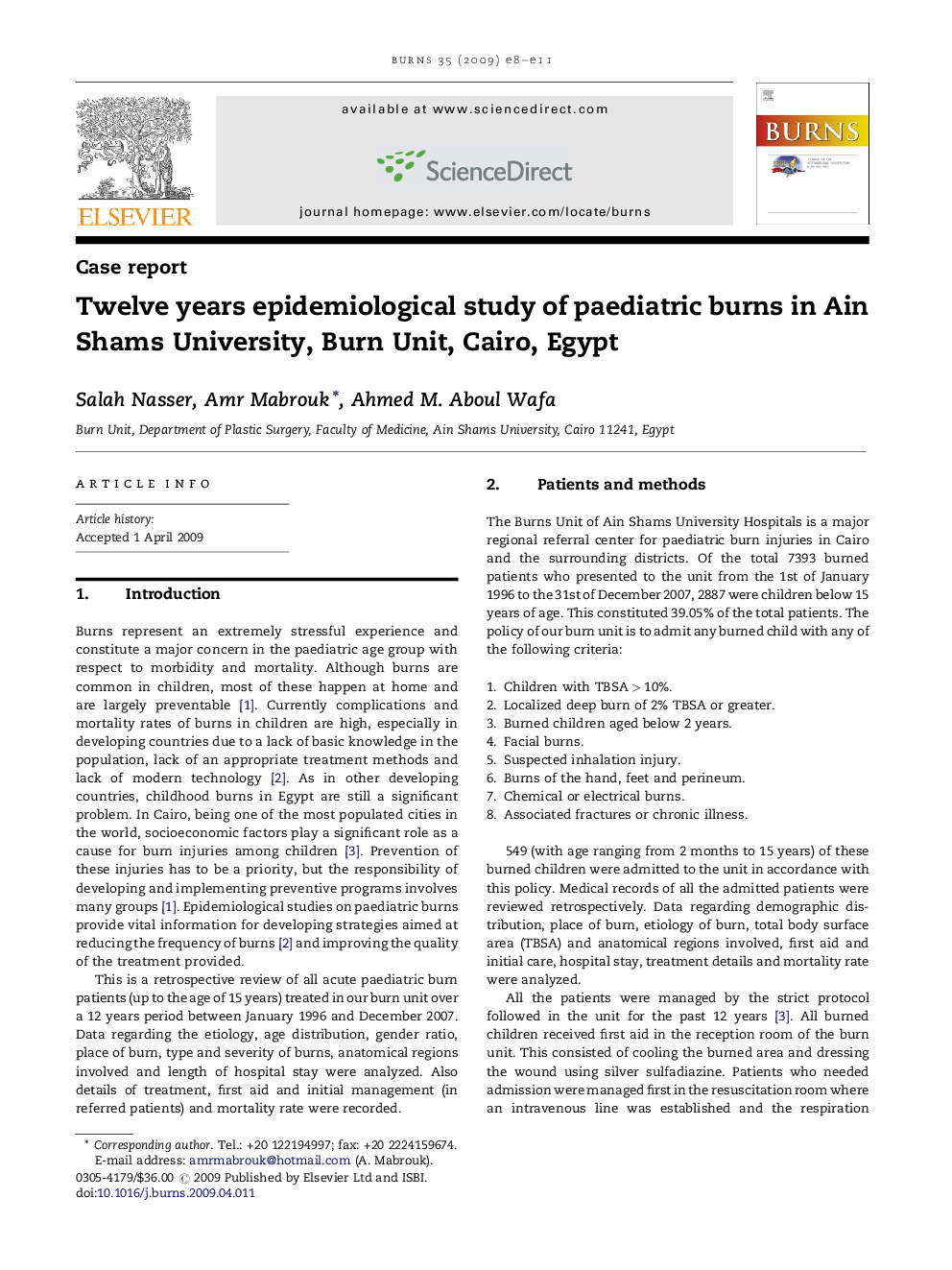 Twelve years epidemiological study of paediatric burns in Ain Shams University, Burn Unit, Cairo, Egypt