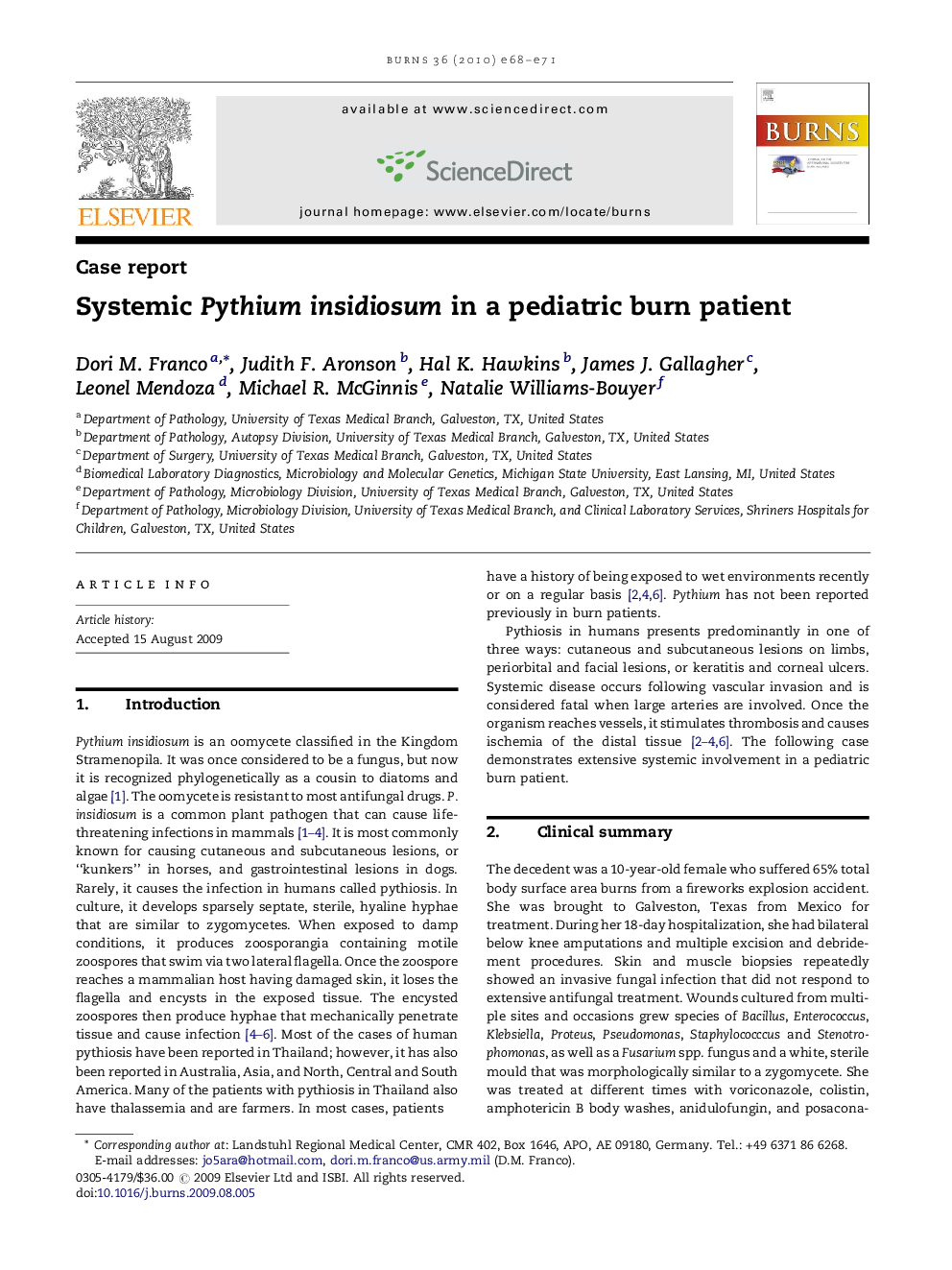 عکس صفحه اول مقاله: Systemic Pythium insidiosum in a pediatric burn patient Systemic Pythium insidiosum in a pediatric burn patient