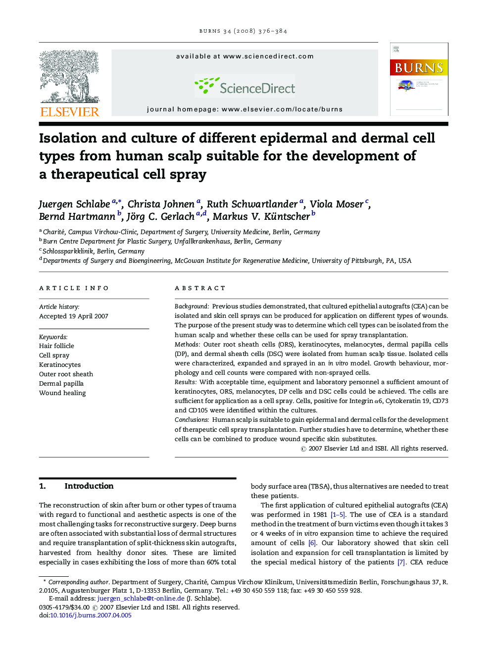 Isolation and culture of different epidermal and dermal cell types from human scalp suitable for the development of a therapeutical cell spray