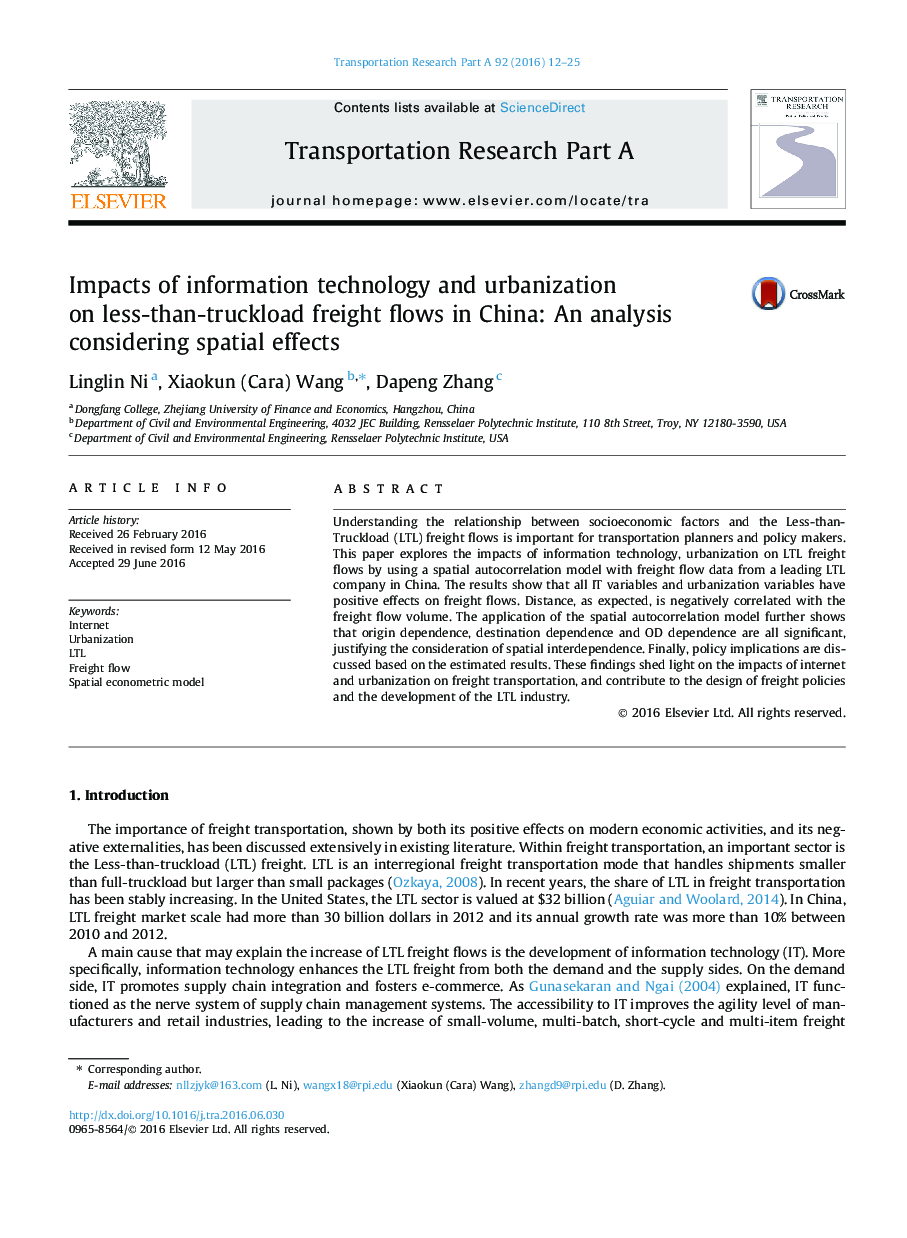 Impacts of information technology and urbanization on less-than-truckload freight flows in China: An analysis considering spatial effects