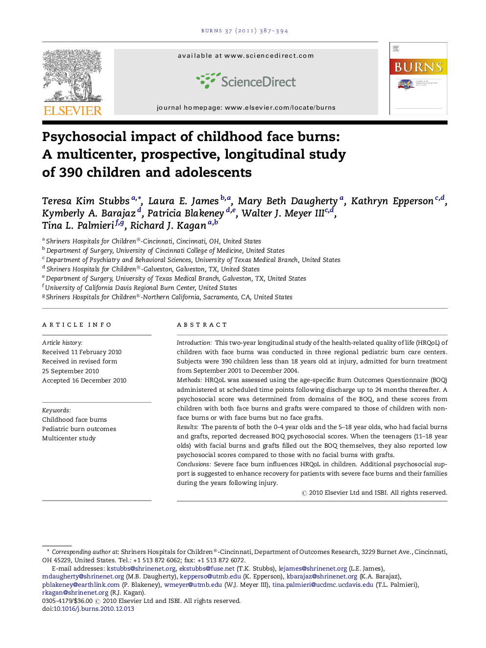 Psychosocial impact of childhood face burns: A multicenter, prospective, longitudinal study of 390 children and adolescents