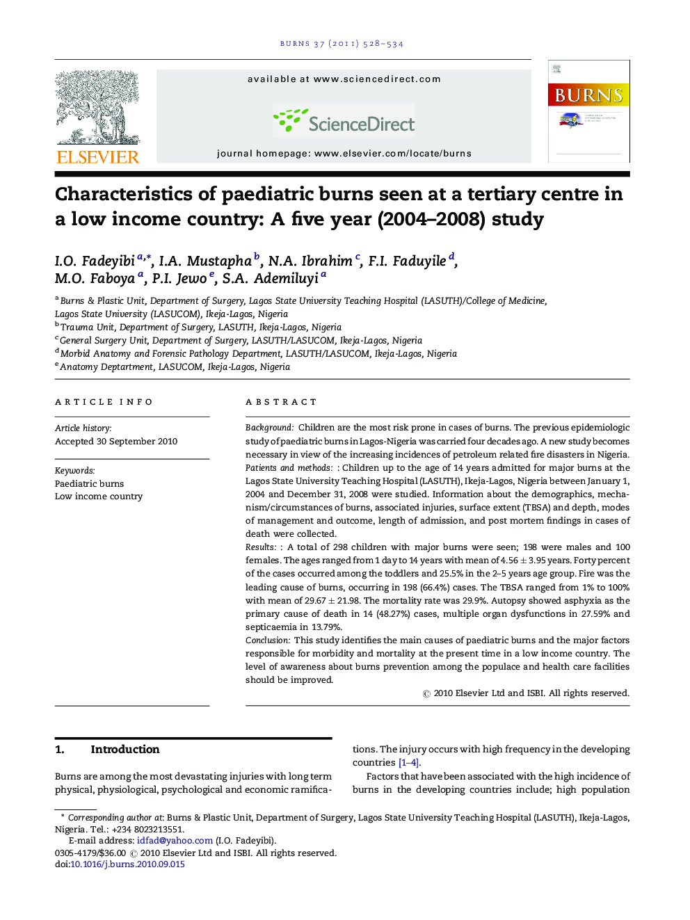 Characteristics of paediatric burns seen at a tertiary centre in a low income country: A five year (2004–2008) study