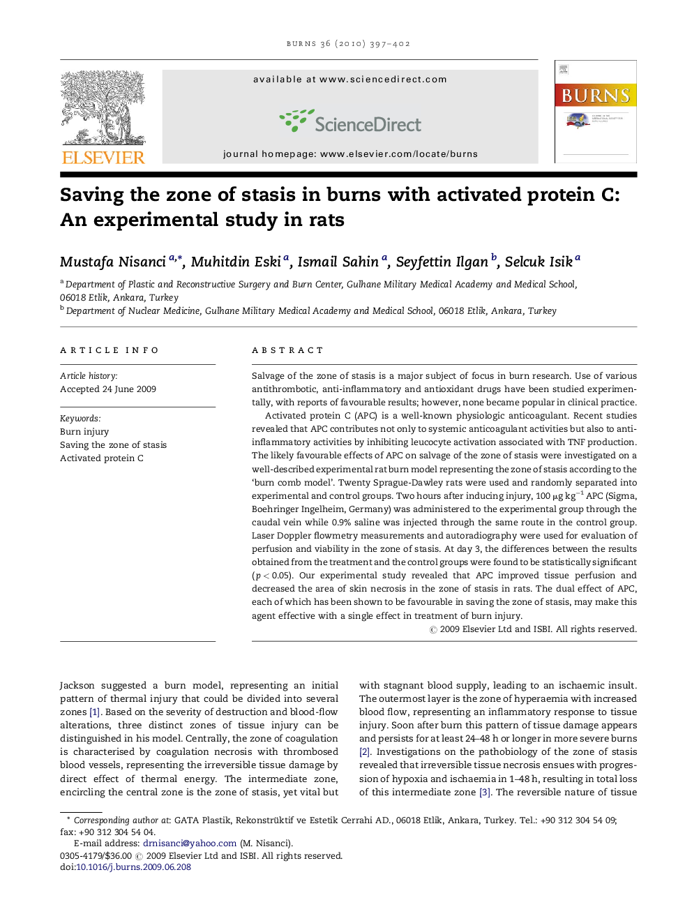 Saving the zone of stasis in burns with activated protein C: An experimental study in rats