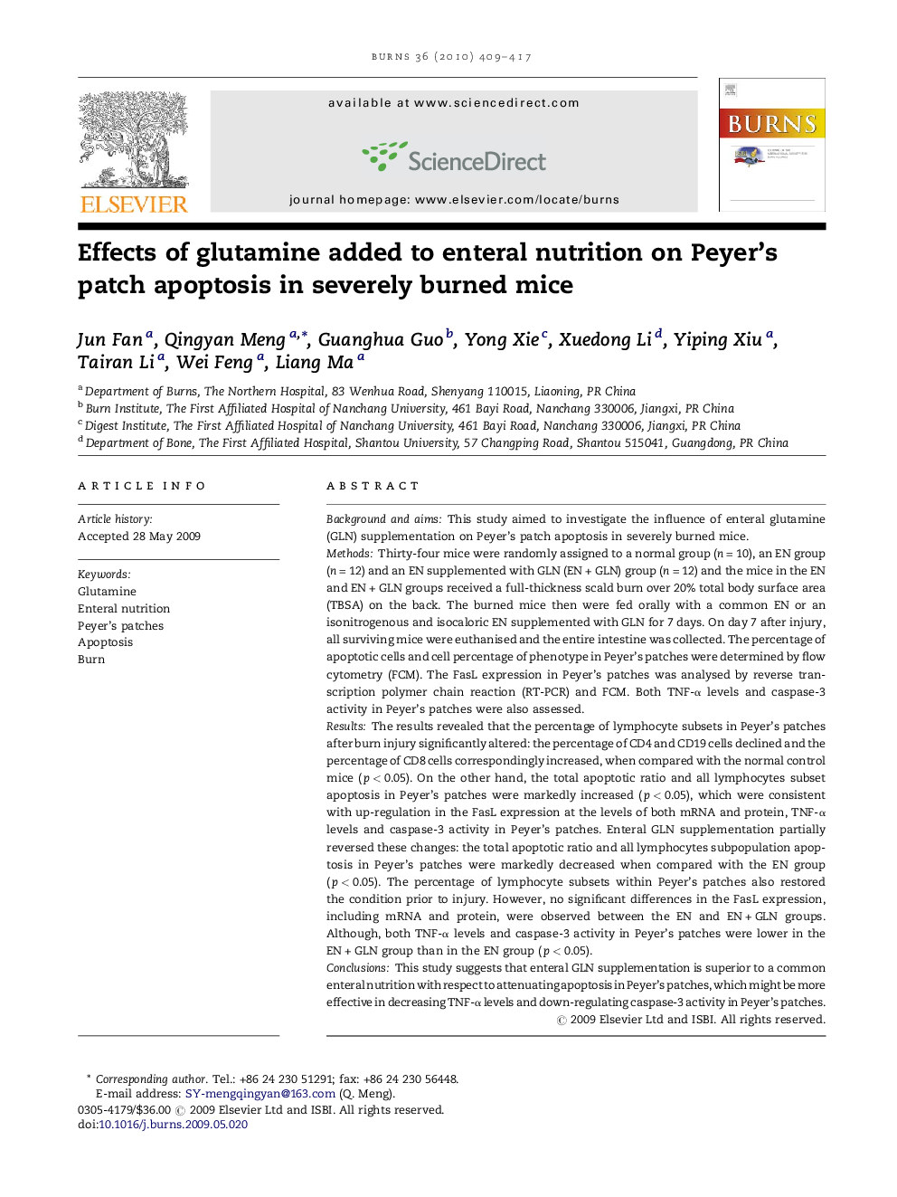 Effects of glutamine added to enteral nutrition on Peyer's patch apoptosis in severely burned mice