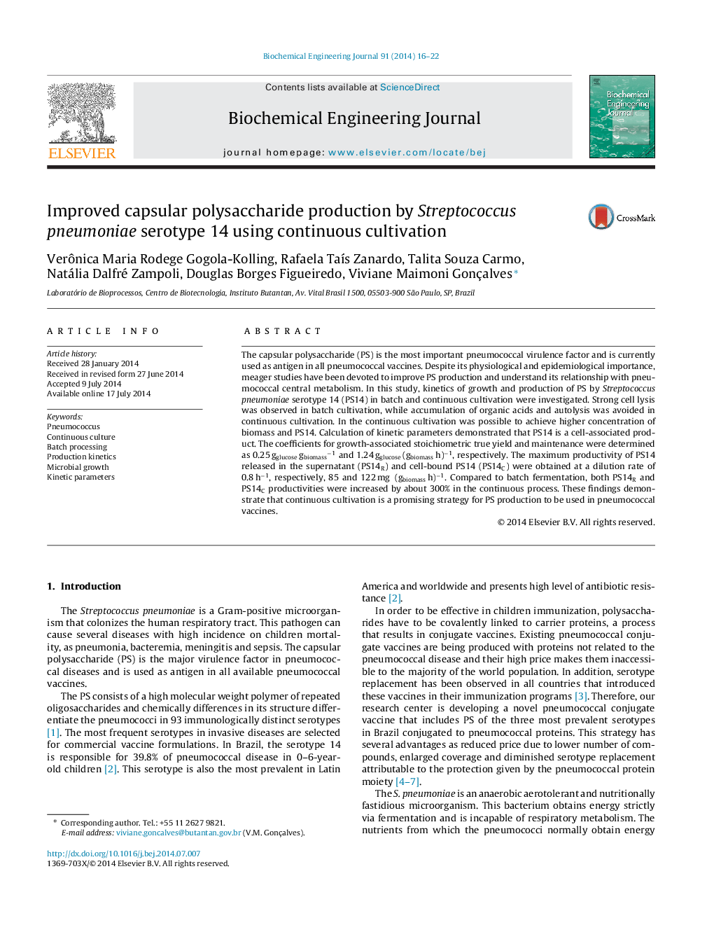 Improved capsular polysaccharide production by Streptococcus pneumoniae serotype 14 using continuous cultivation