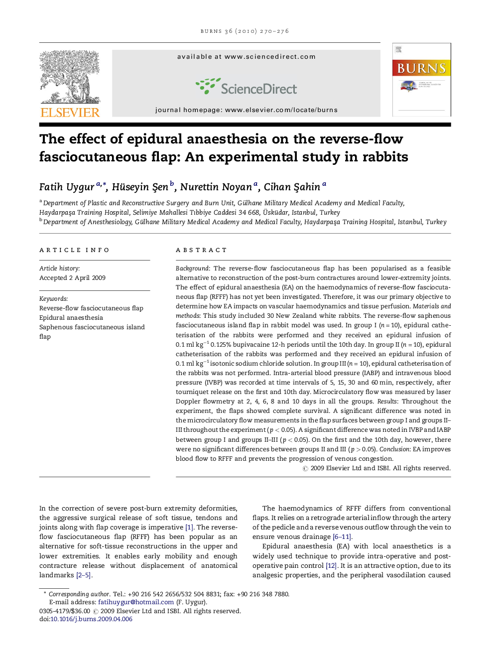 The effect of epidural anaesthesia on the reverse-flow fasciocutaneous flap: An experimental study in rabbits