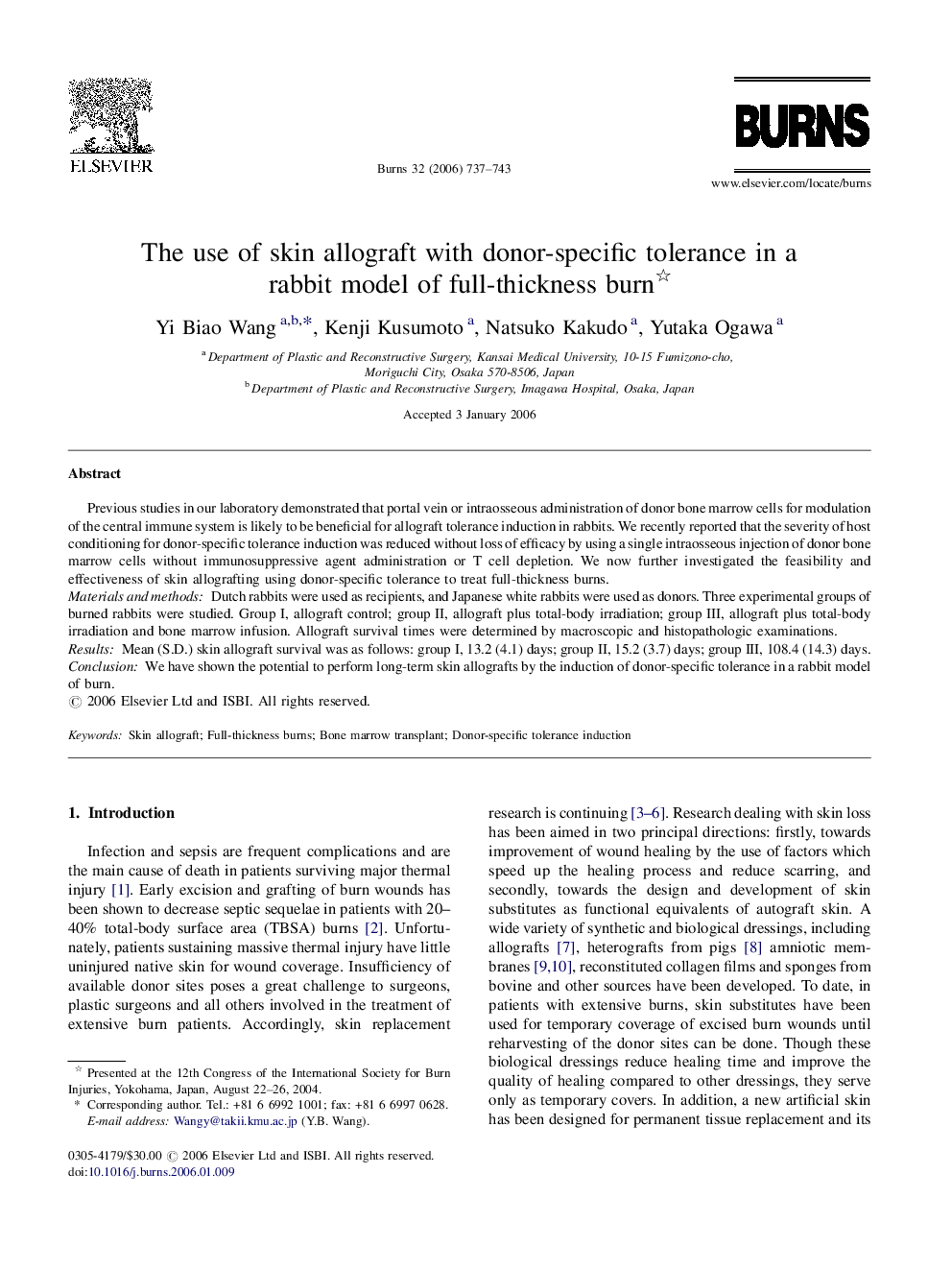 The use of skin allograft with donor-specific tolerance in a rabbit model of full-thickness burn 