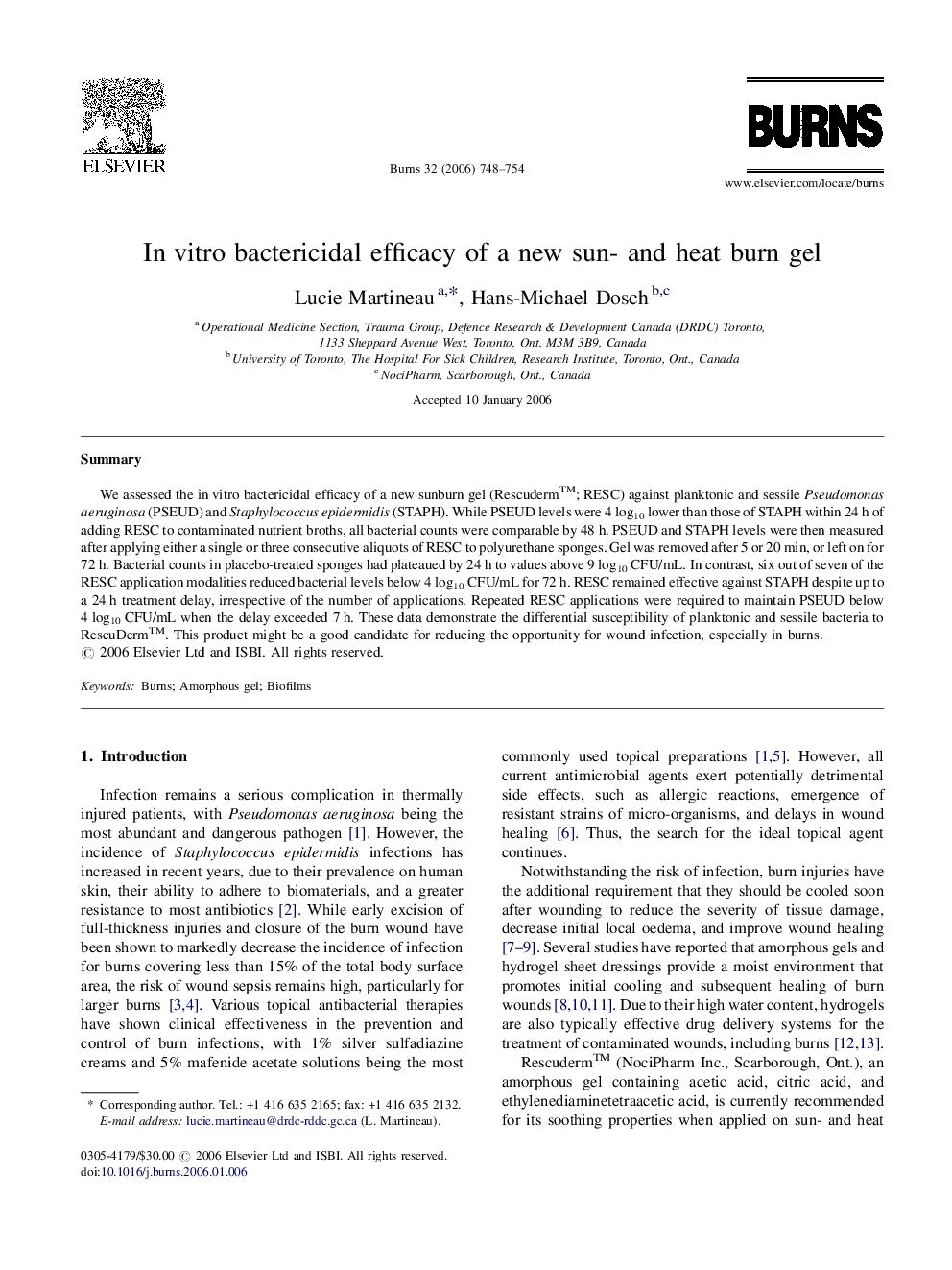 In vitro bactericidal efficacy of a new sun- and heat burn gel