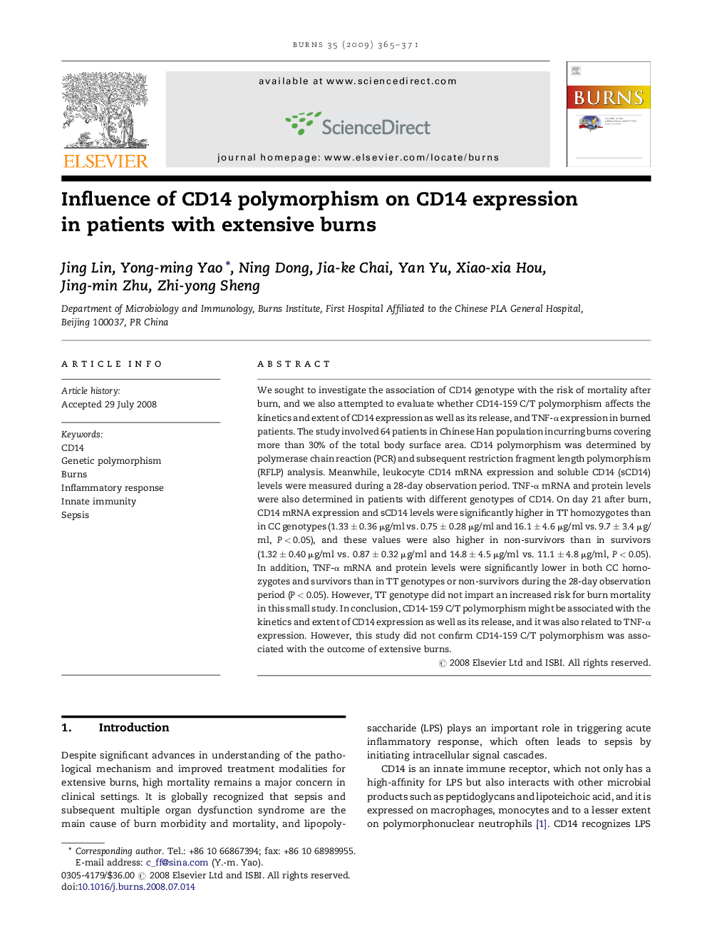 Influence of CD14 polymorphism on CD14 expression in patients with extensive burns