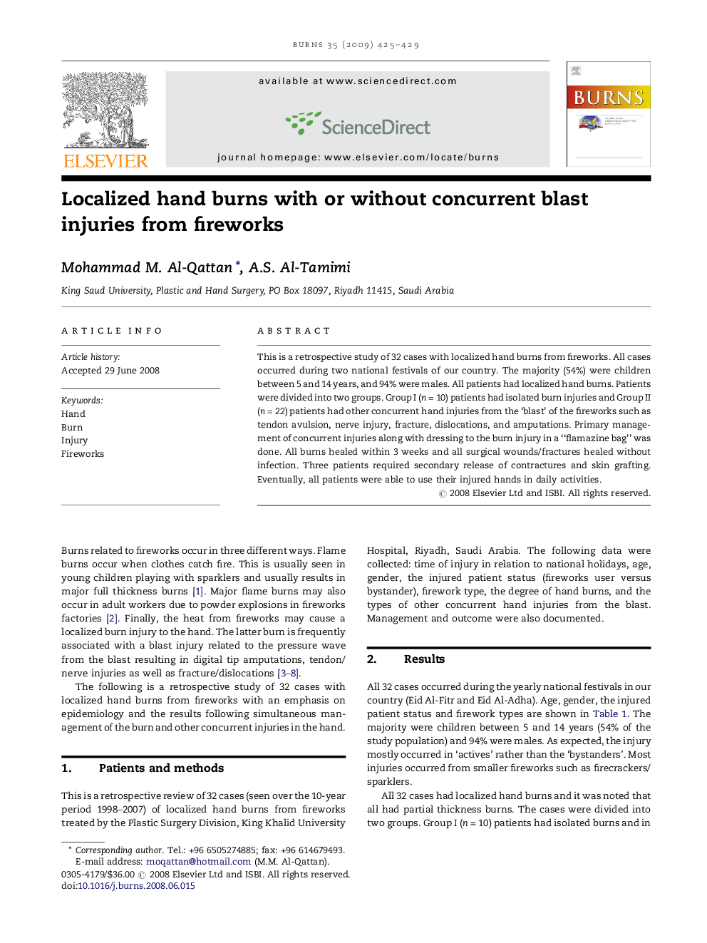 Localized hand burns with or without concurrent blast injuries from fireworks