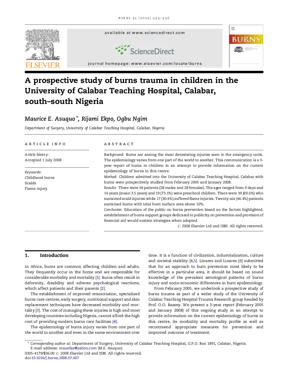 A prospective study of burns trauma in children in the University of Calabar Teaching Hospital, Calabar, south–south Nigeria