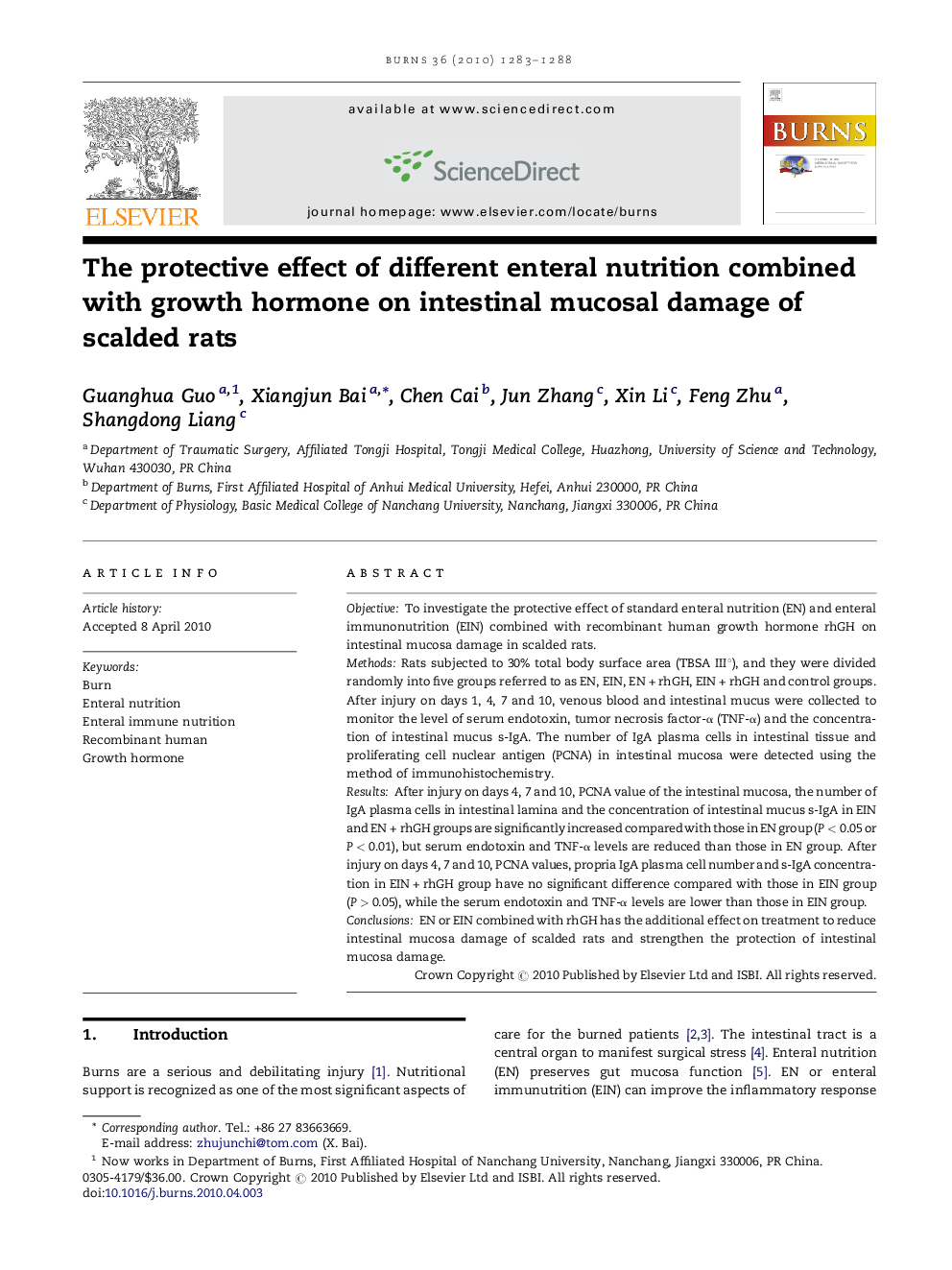 The protective effect of different enteral nutrition combined with growth hormone on intestinal mucosal damage of scalded rats