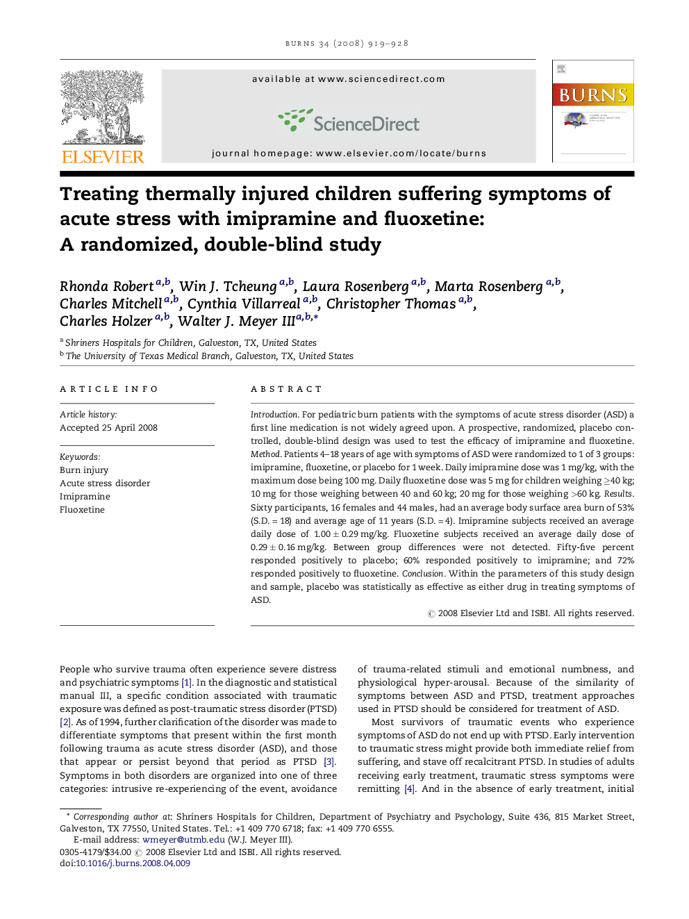 Treating thermally injured children suffering symptoms of acute stress with imipramine and fluoxetine: A randomized, double-blind study