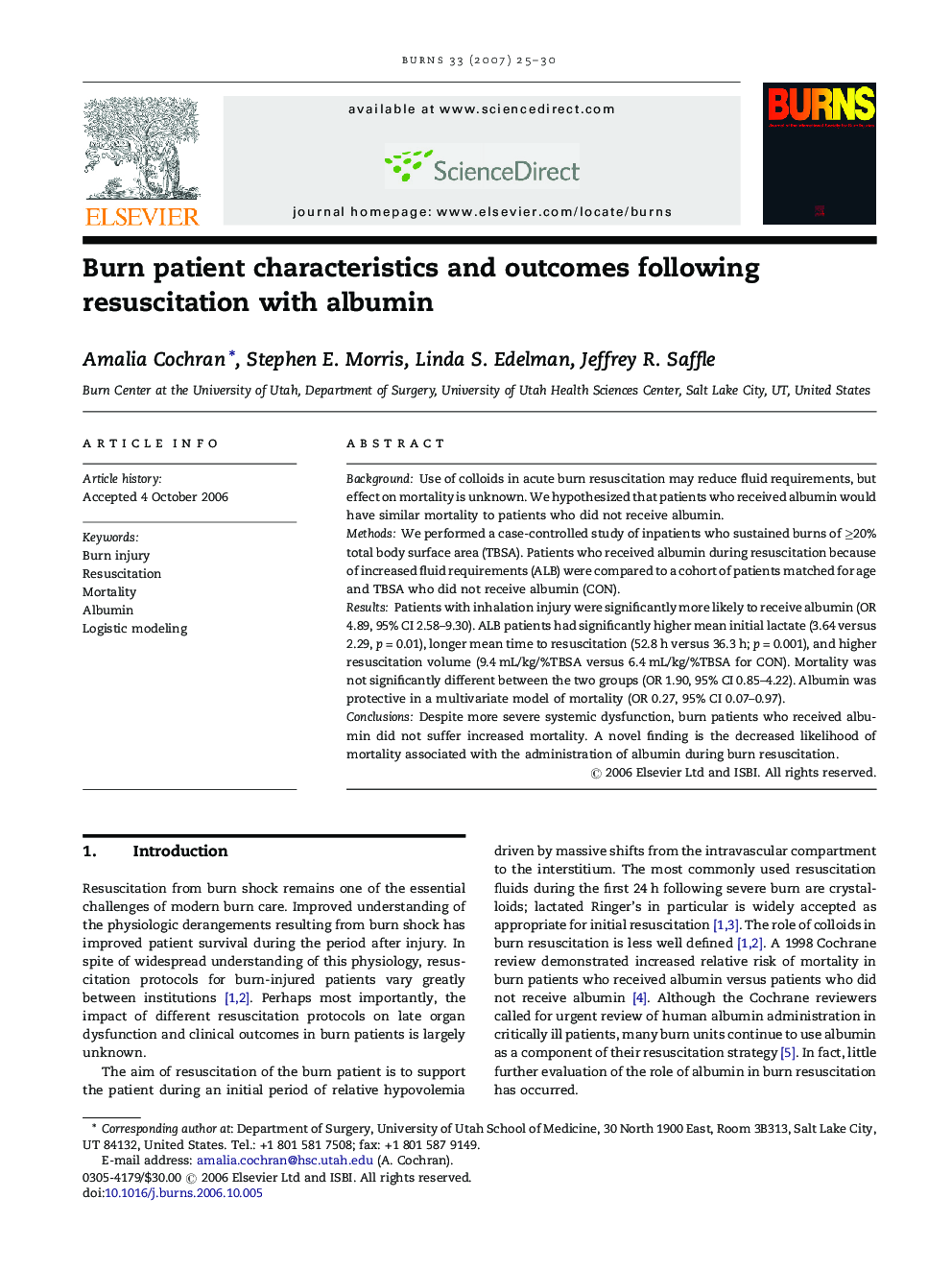 Burn patient characteristics and outcomes following resuscitation with albumin