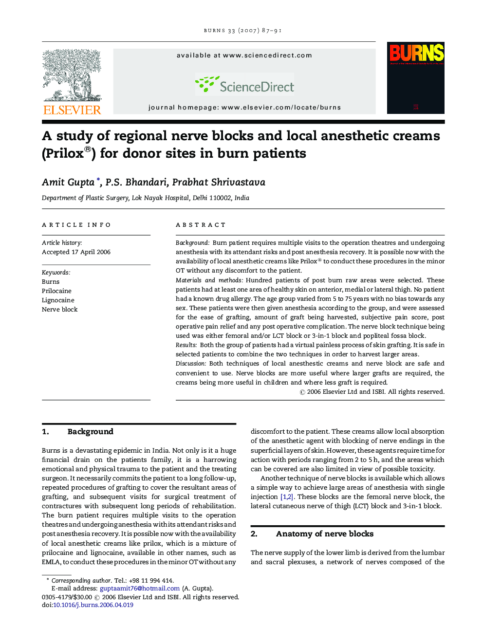 A study of regional nerve blocks and local anesthetic creams (Prilox®) for donor sites in burn patients