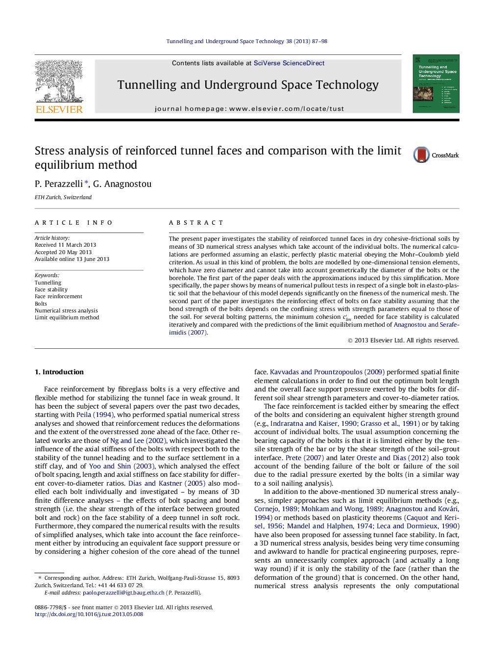 عکس صفحه اول مقاله: Stress analysis of reinforced tunnel faces and comparison with the limit equilibrium method Stress analysis of reinforced tunnel faces and comparison with the limit equilibrium method