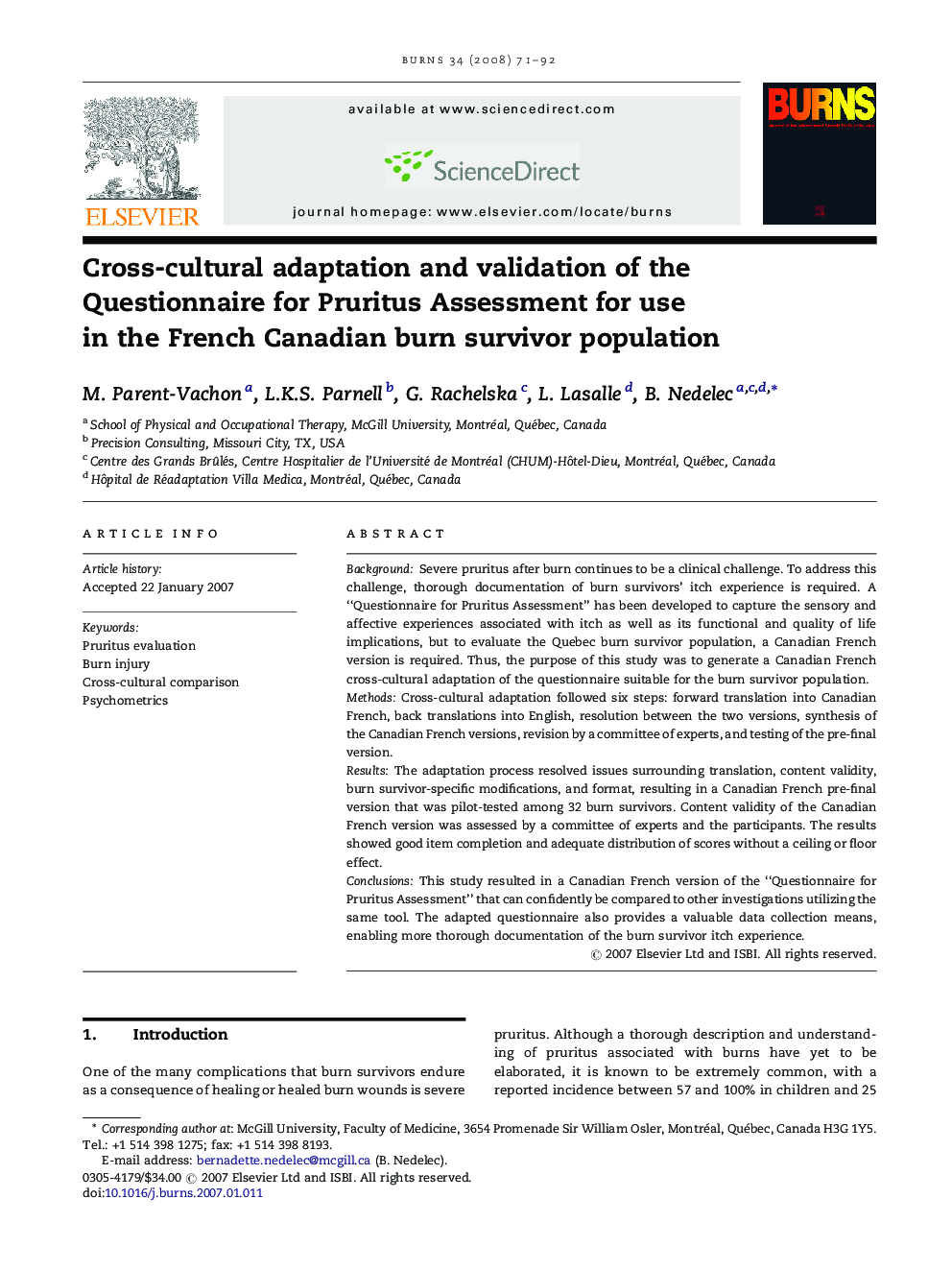 Cross-cultural adaptation and validation of the Questionnaire for Pruritus Assessment for use in the French Canadian burn survivor population