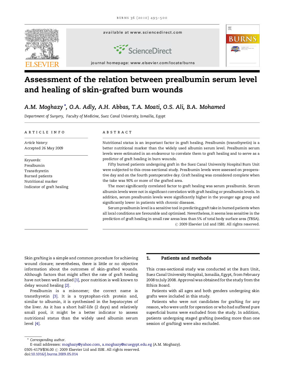 Assessment of the relation between prealbumin serum level and healing of skin-grafted burn wounds