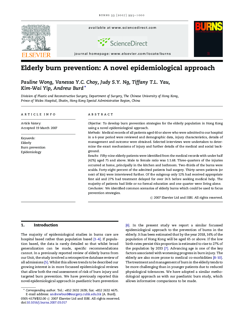 Elderly burn prevention: A novel epidemiological approach