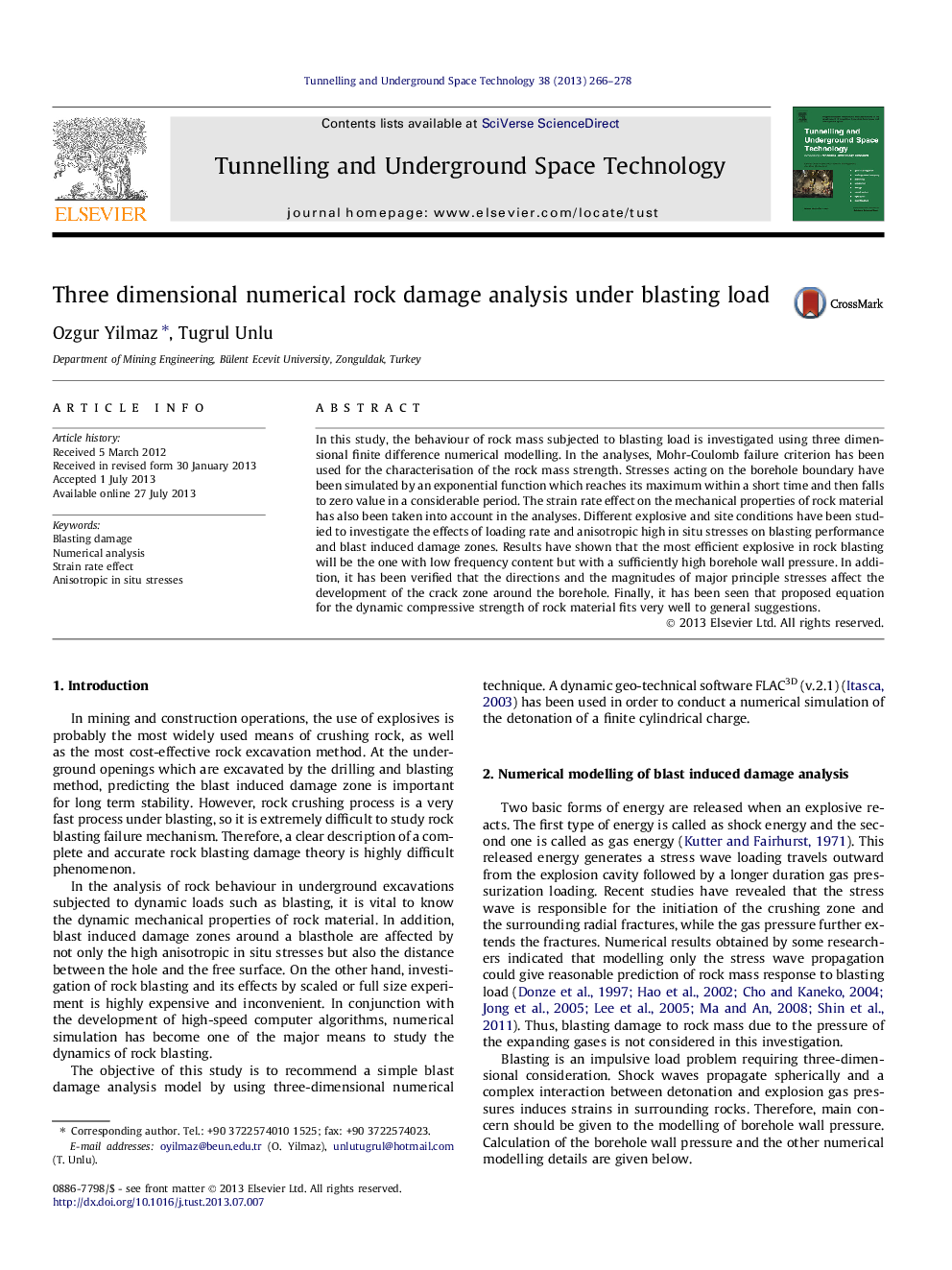 Three dimensional numerical rock damage analysis under blasting load