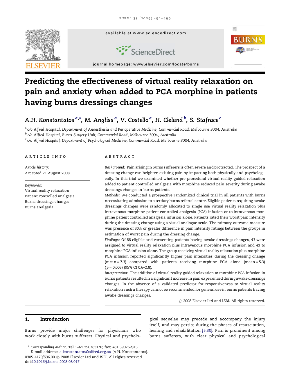 Predicting the effectiveness of virtual reality relaxation on pain and anxiety when added to PCA morphine in patients having burns dressings changes