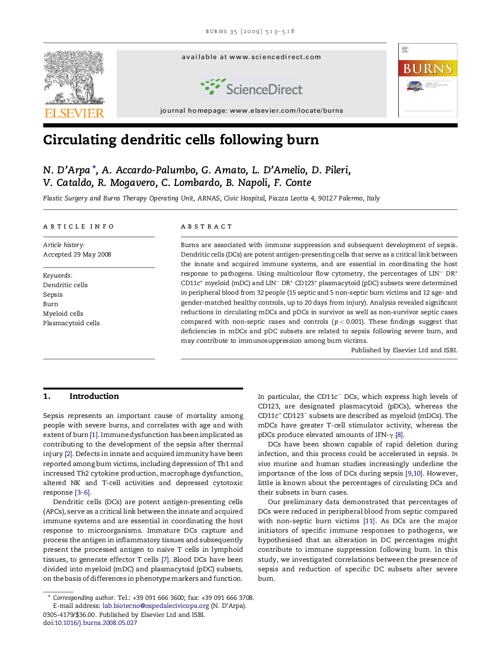 Circulating dendritic cells following burn