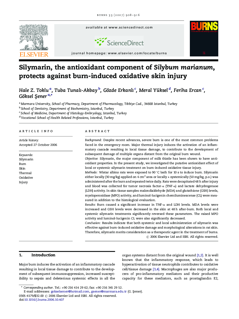 Silymarin, the antioxidant component of Silybum marianum, protects against burn-induced oxidative skin injury