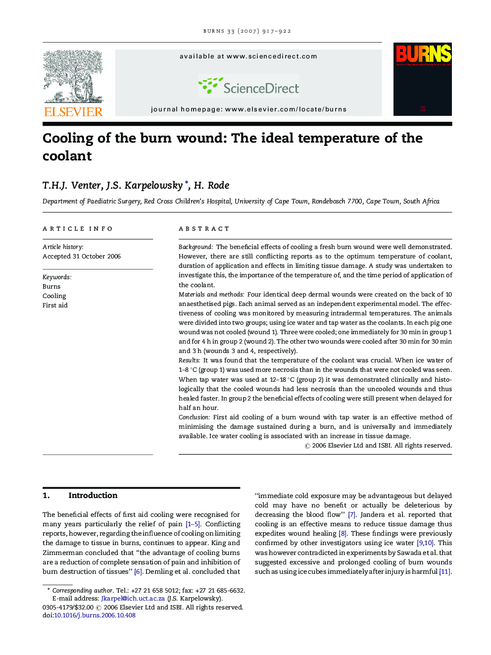 Cooling of the burn wound: The ideal temperature of the coolant