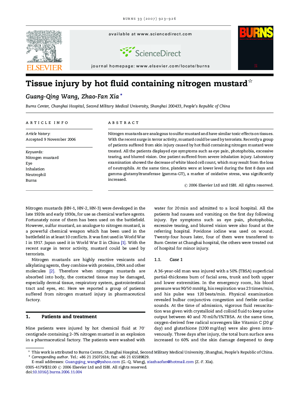 Tissue injury by hot fluid containing nitrogen mustard 