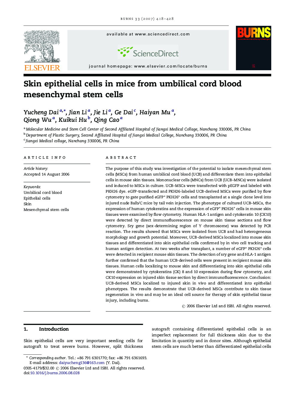 Skin epithelial cells in mice from umbilical cord blood mesenchymal stem cells