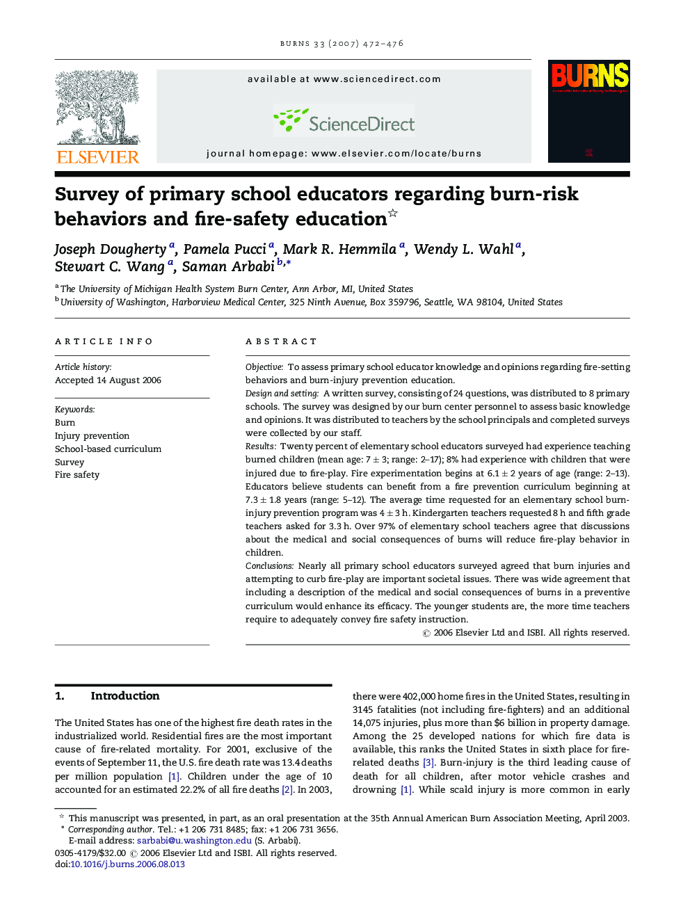 Survey of primary school educators regarding burn-risk behaviors and fire-safety education 