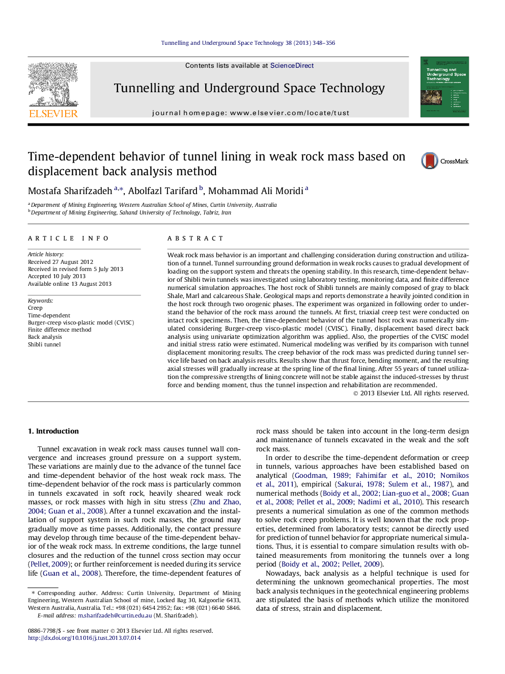 Time-dependent behavior of tunnel lining in weak rock mass based on displacement back analysis method