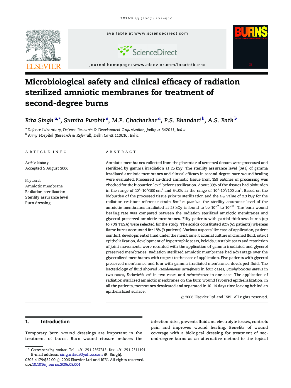 Microbiological safety and clinical efficacy of radiation sterilized amniotic membranes for treatment of second-degree burns